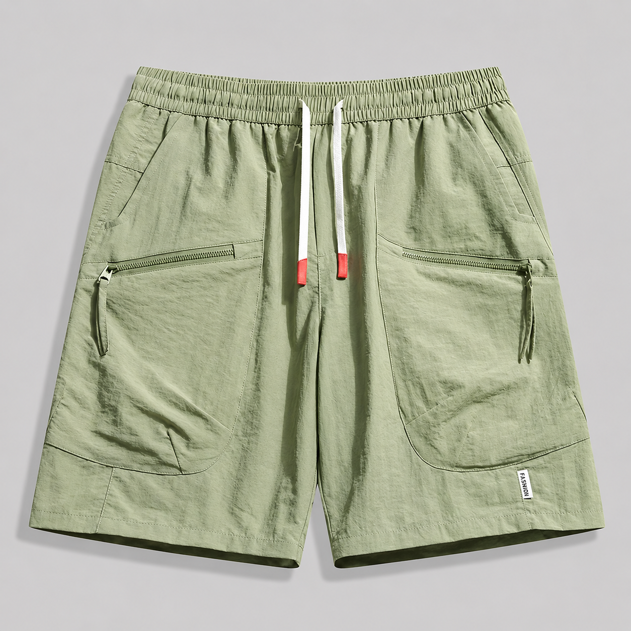 Men's Utility Zip-Pocket Shorts in Light Green – front view | Hensley London