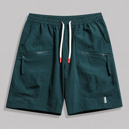 Men's Utility Zip-Pocket Shorts in Dark Green – front view | Hensley London