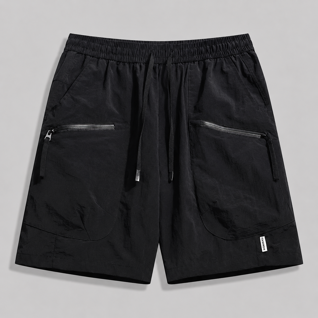 Men's Utility Zip-Pocket Shorts in Black – front view | Hensley London