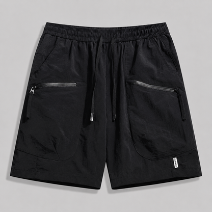 Men's Utility Zip-Pocket Shorts in Black – front view | Hensley London