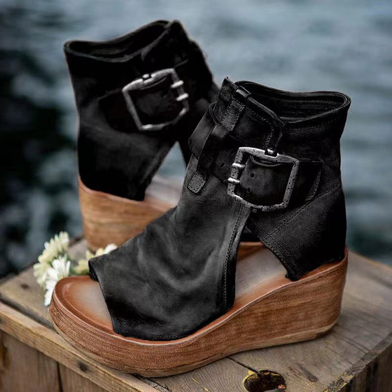 Women's Wedge Sandals Black Suede Orthopedic - 9