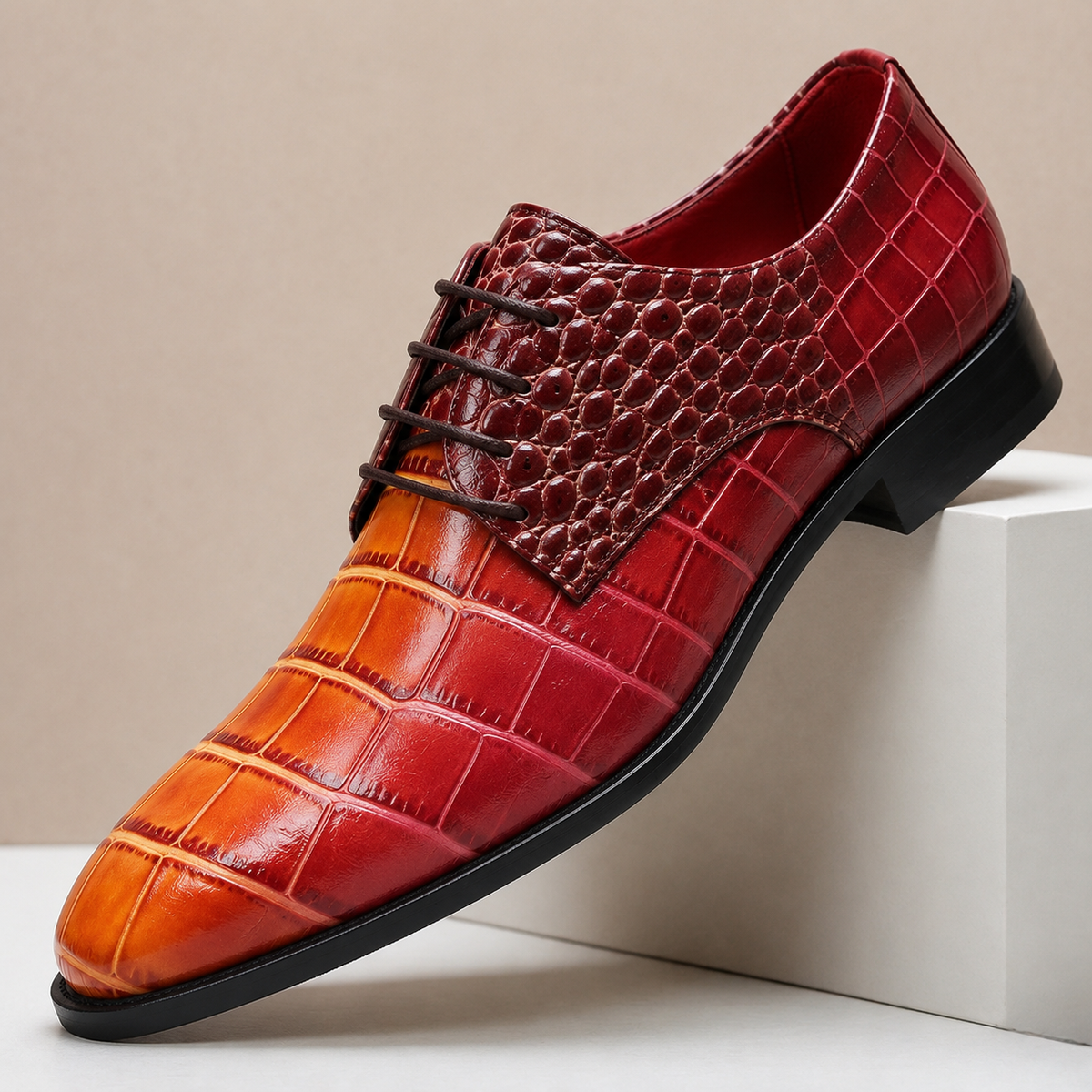 Men's Croc-Embossed Leather Lace-Up Dress Shoes in Red - product view | Hensley London