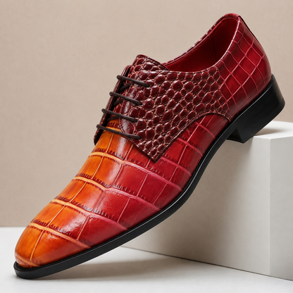 Men's Croc-Embossed Leather Lace-Up Dress Shoes in Red - product view | Hensley London