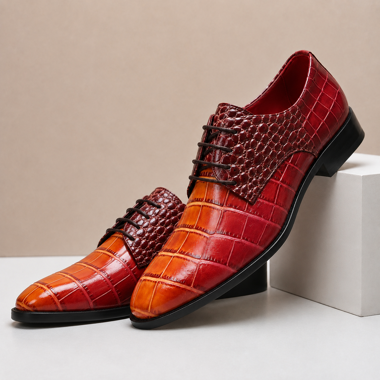 Men's Croc-Embossed Leather Lace-Up Dress Shoes in Red - additional view 2 | Hensley London