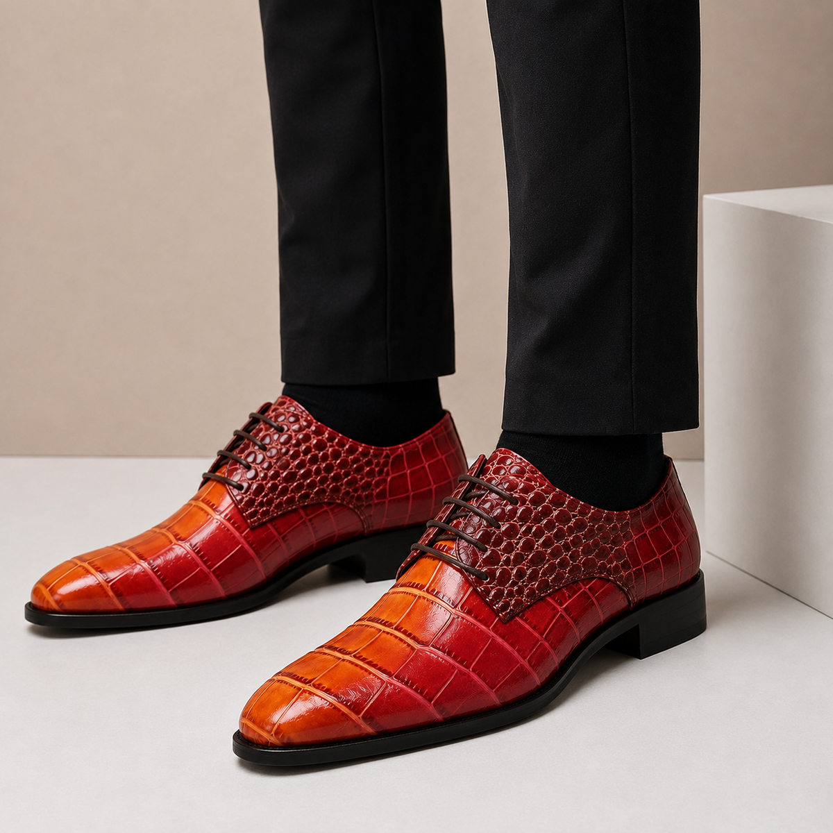 Men's Croc-Embossed Leather Lace-Up Dress Shoes in Red - additional view 3 | Hensley London
