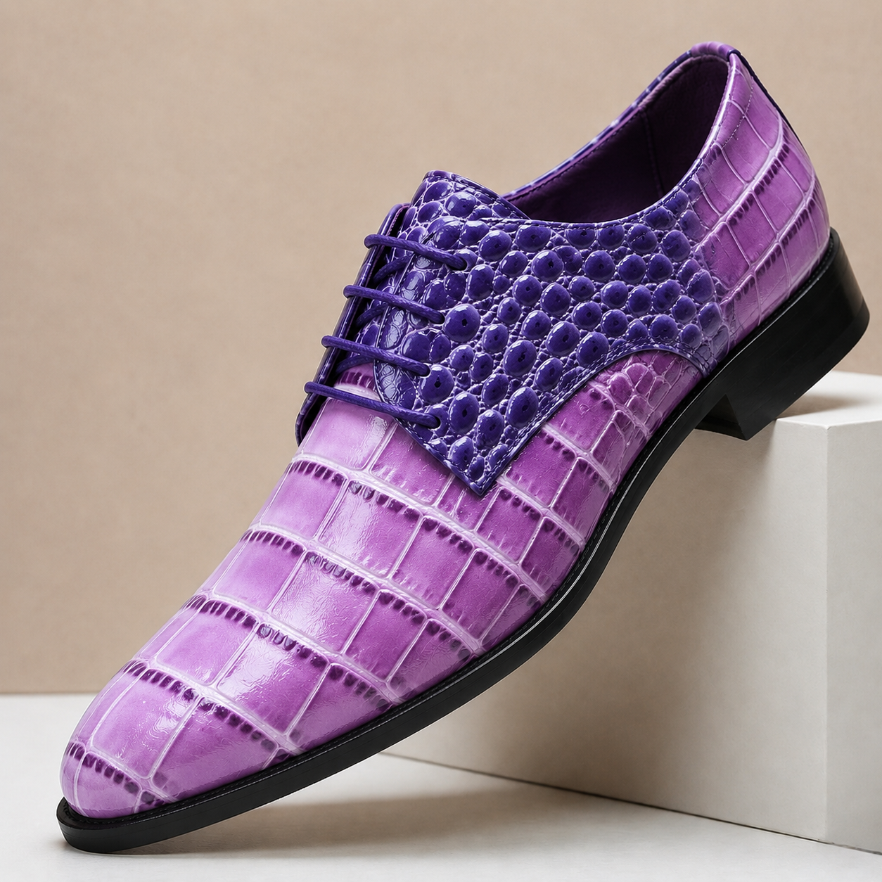 Men's Croc-Embossed Leather Lace-Up Dress Shoes in Purple - additional view 4 | Hensley London