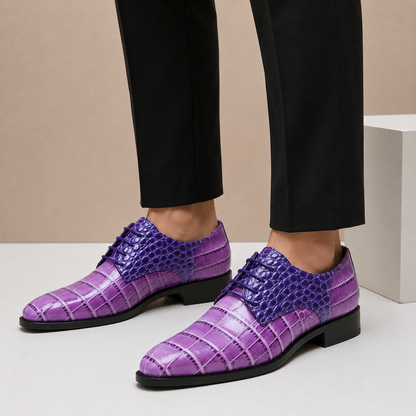 Men's Croc-Embossed Leather Lace-Up Dress Shoes in Purple - additional view 6 | Hensley London