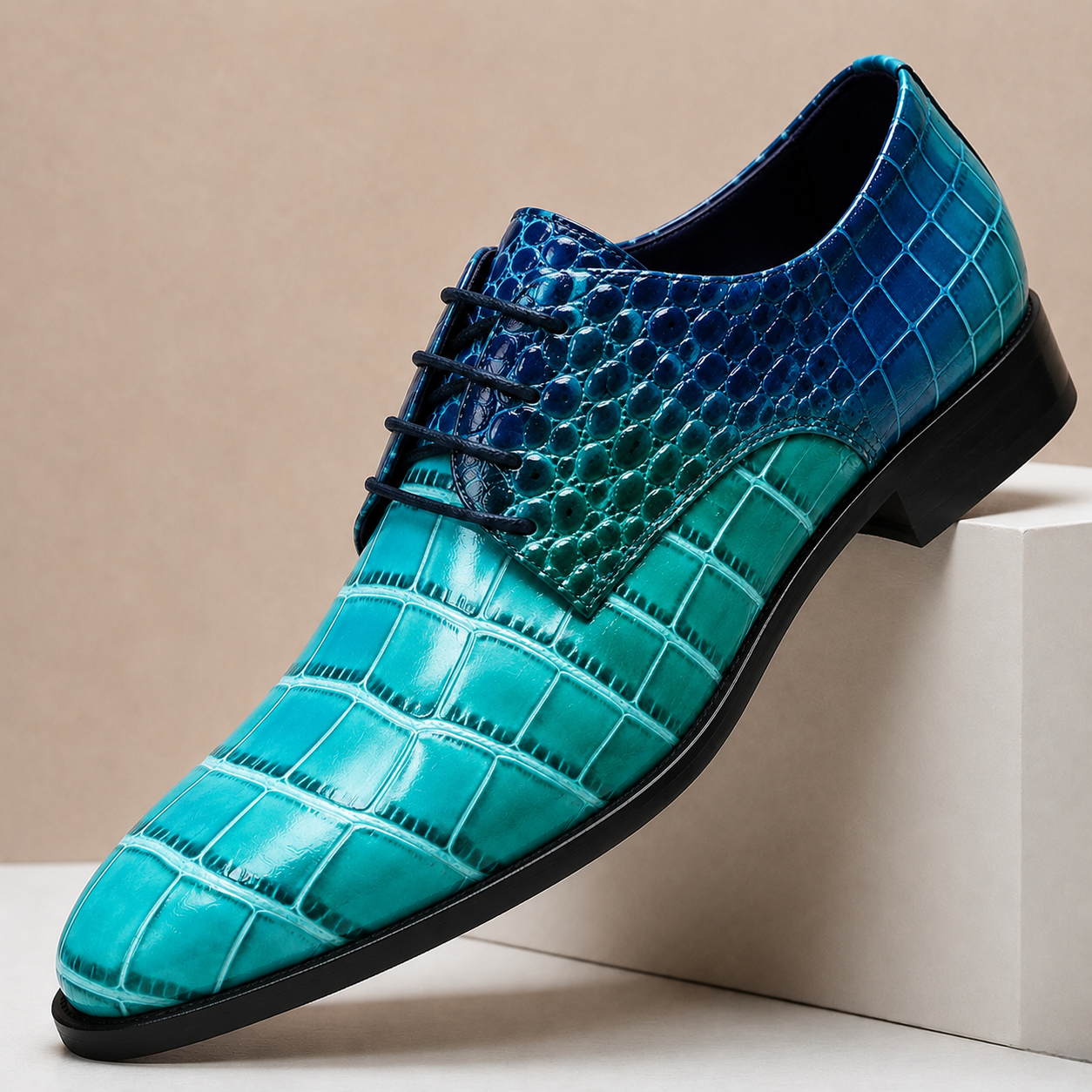Men's Croc-Embossed Leather Lace-Up Dress Shoes in Blue - additional view 7 | Hensley London