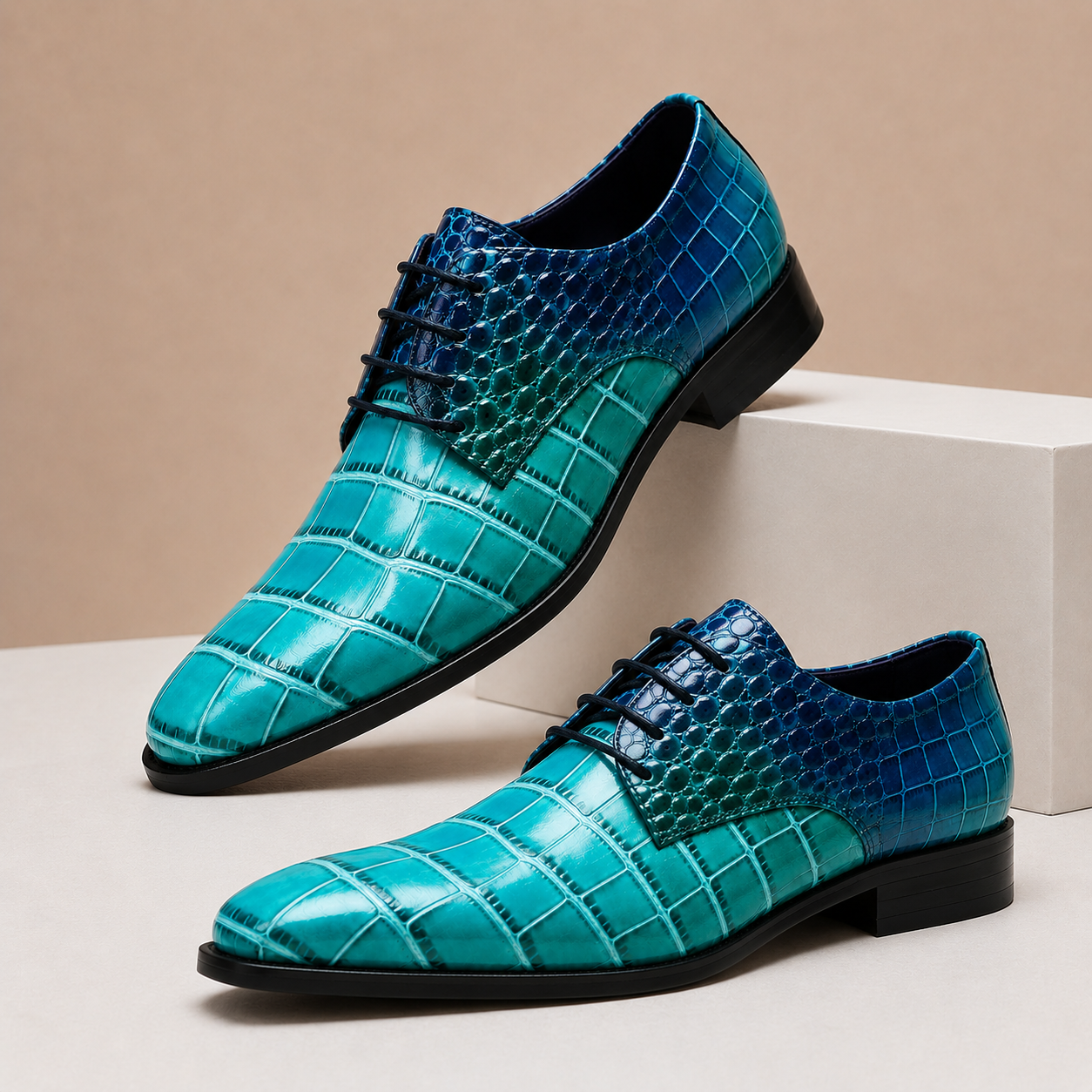 Men's Croc-Embossed Leather Lace-Up Dress Shoes in Blue - additional view 8 | Hensley London