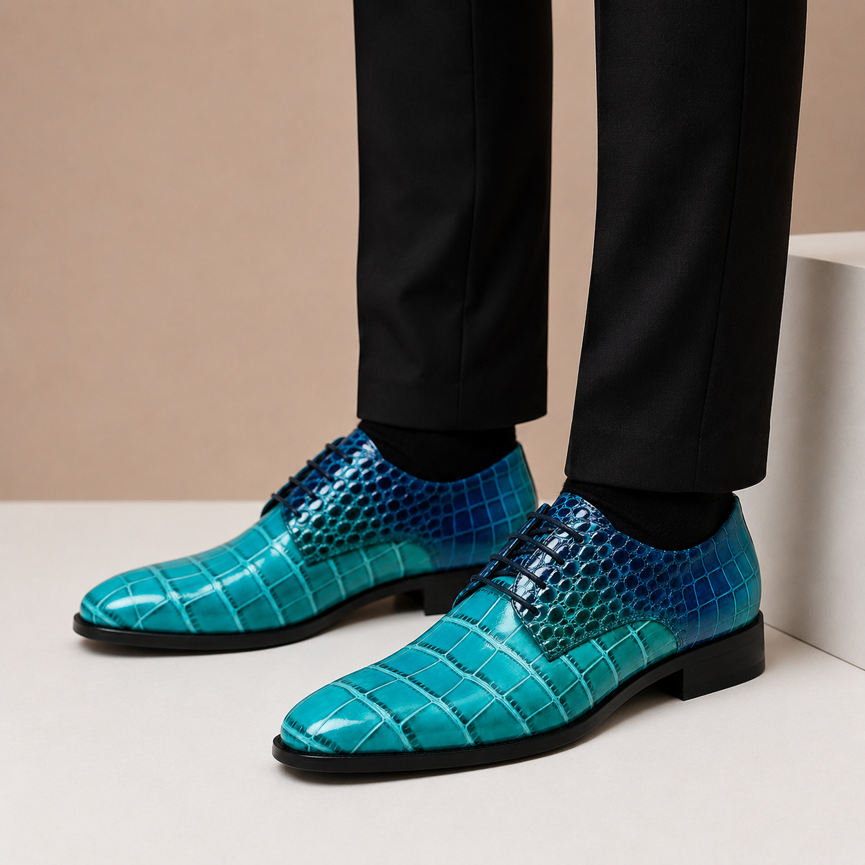 Men's Croc-Embossed Leather Lace-Up Dress Shoes in Blue - additional view 9 | Hensley London