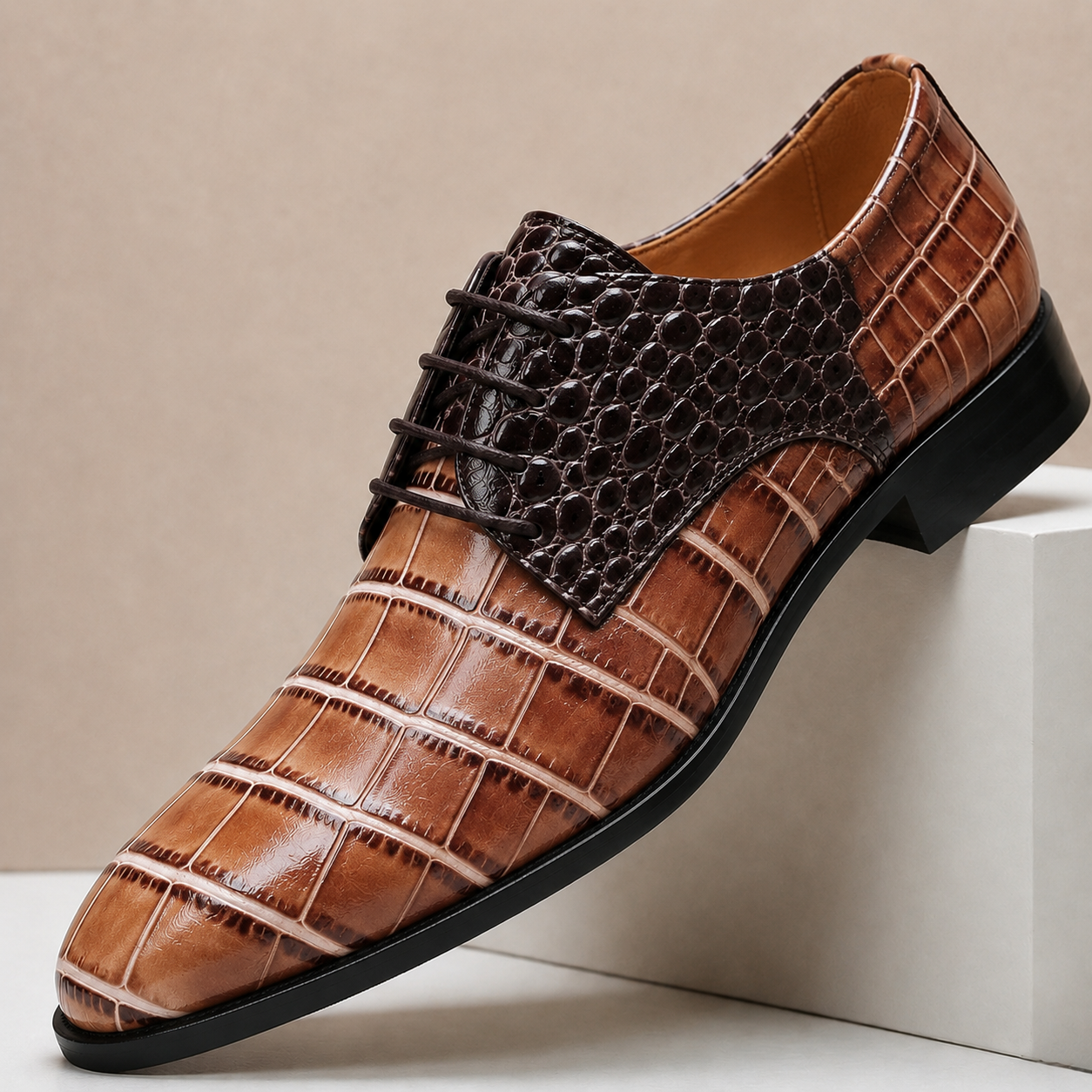 Men's Croc-Embossed Leather Lace-Up Dress Shoes in Brown - additional view 10 | Hensley London