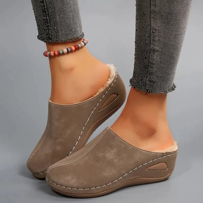 Women's Faux-Fleece-Lined Slip-On Mules in Dark Khaki – Product view | Hensley London