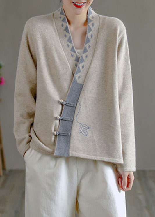 Women's Knit Sweater Beige V Neck Asymmetrical Design - 1