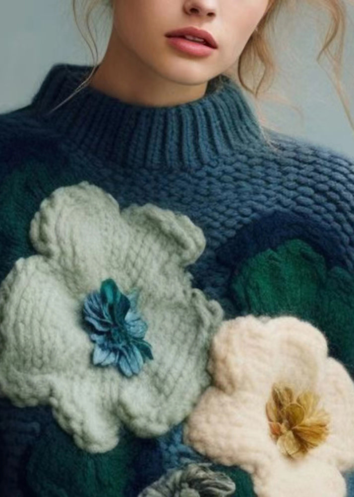 Women's Turtleneck Top Blue Cotton Knit - 3