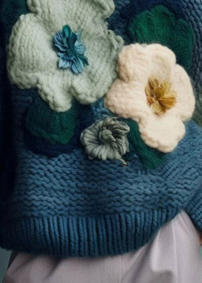 Women's Turtleneck Top Blue Cotton Knit - 4