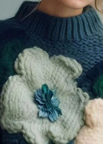 Women's Turtleneck Top Blue Cotton Knit - 5