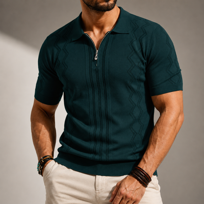 Men's Textured Knit Quarter-Zip Polo Shirt in Green – front view | Hensley London