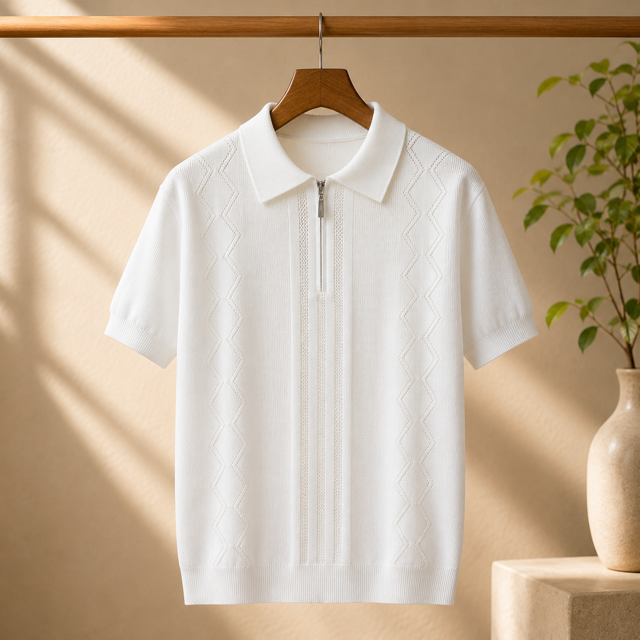 Men's Textured Knit Quarter-Zip Polo Shirt – detail view | Hensley London