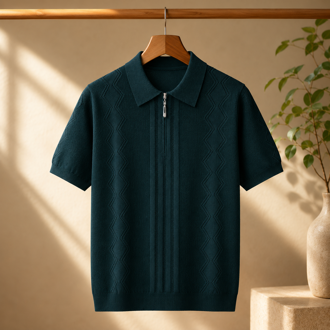 Men's Textured Knit Quarter-Zip Polo Shirt – detail view | Hensley London