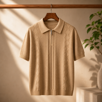 Men's Textured Knit Quarter-Zip Polo Shirt – detail view | Hensley London