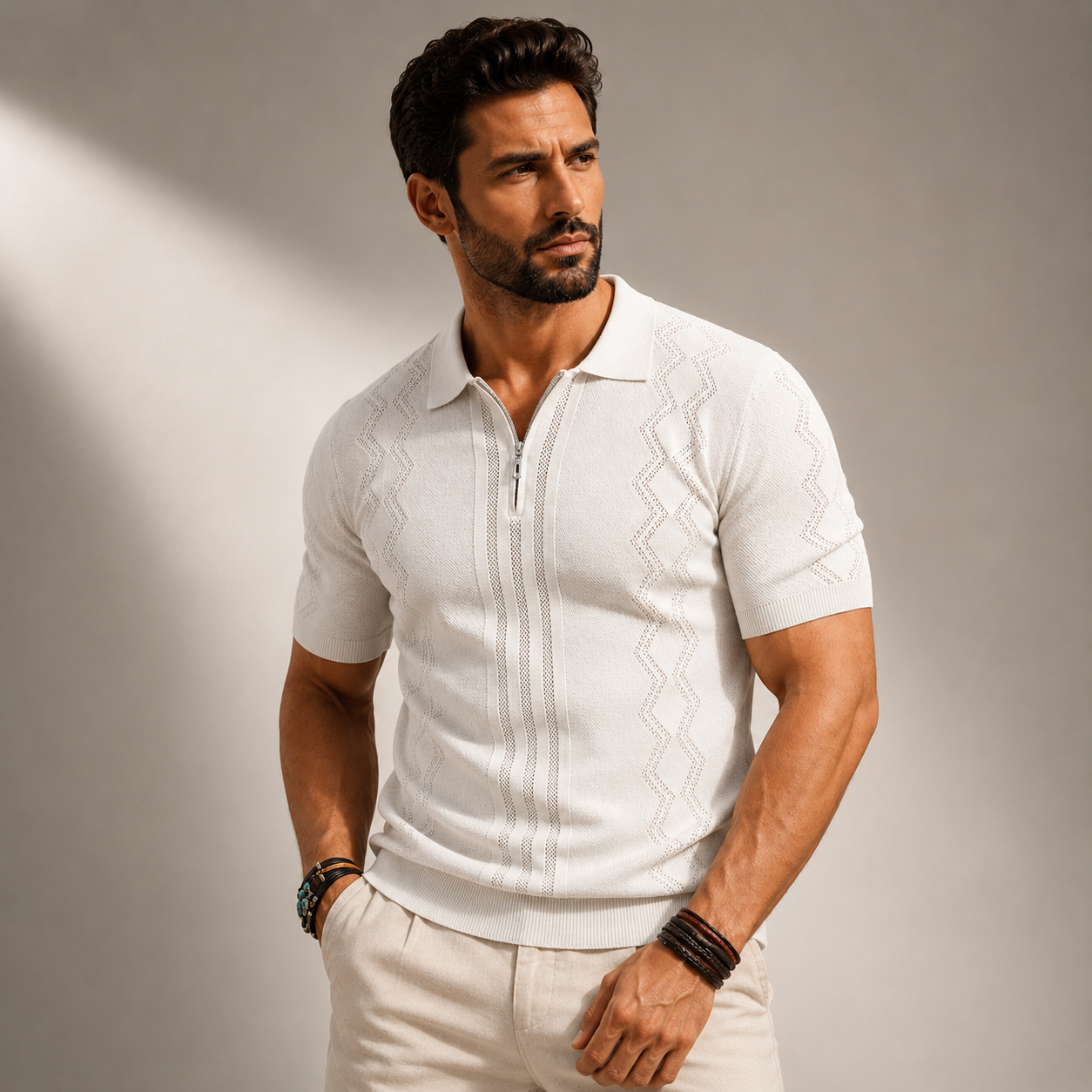 Men's Textured Knit Quarter-Zip Polo Shirt – detail view | Hensley London
