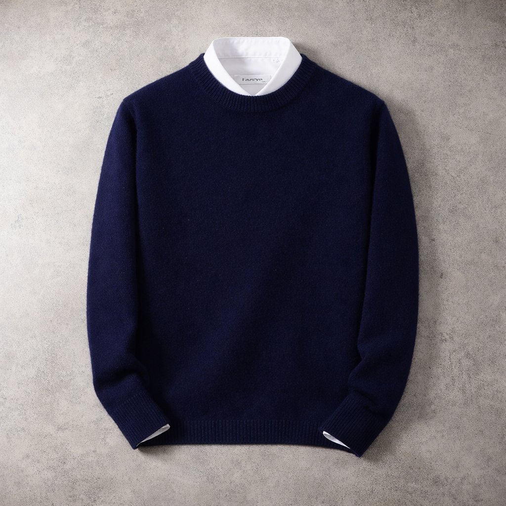 Men's Cashmere Crew-Neck Jumper in Navy – front view | Hensley London