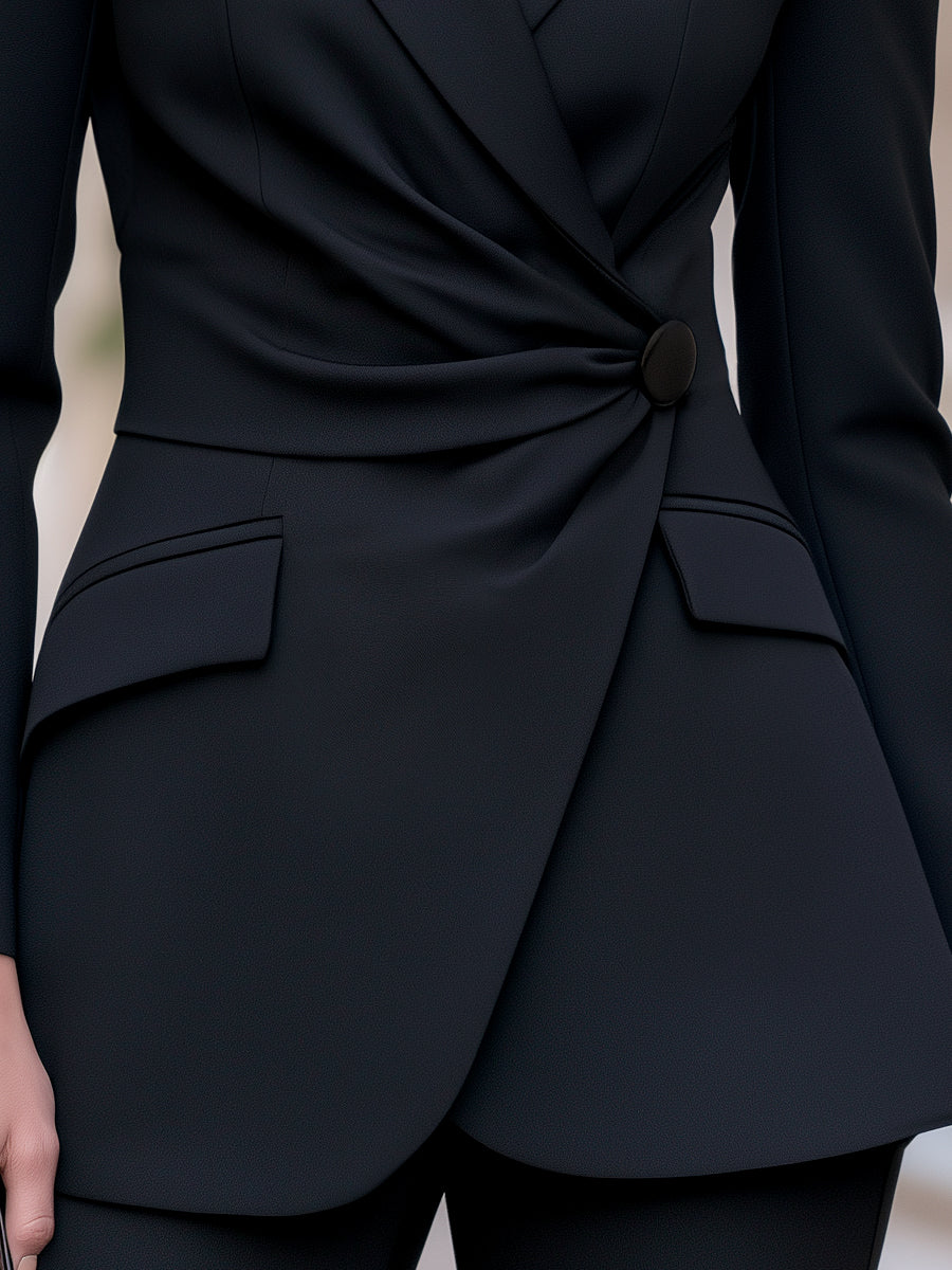 Women's Asymmetric Draped Wrap-Front Blazer in Black – product view | Hensley London