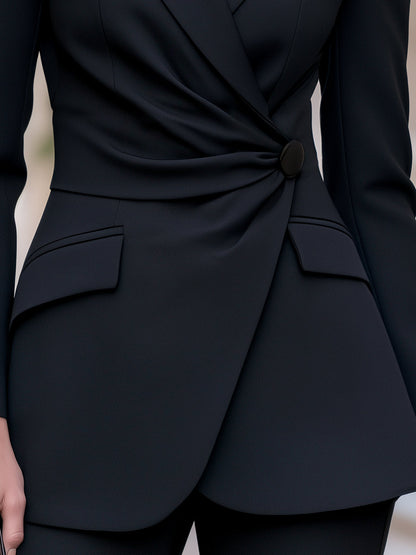 Women's Asymmetric Draped Wrap-Front Blazer in Black – product view | Hensley London