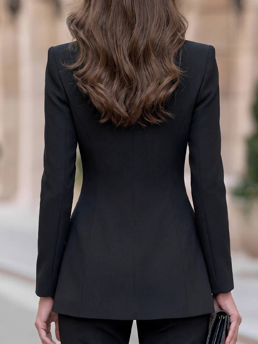 Women's Asymmetric Draped Wrap-Front Blazer in Black – product view | Hensley London