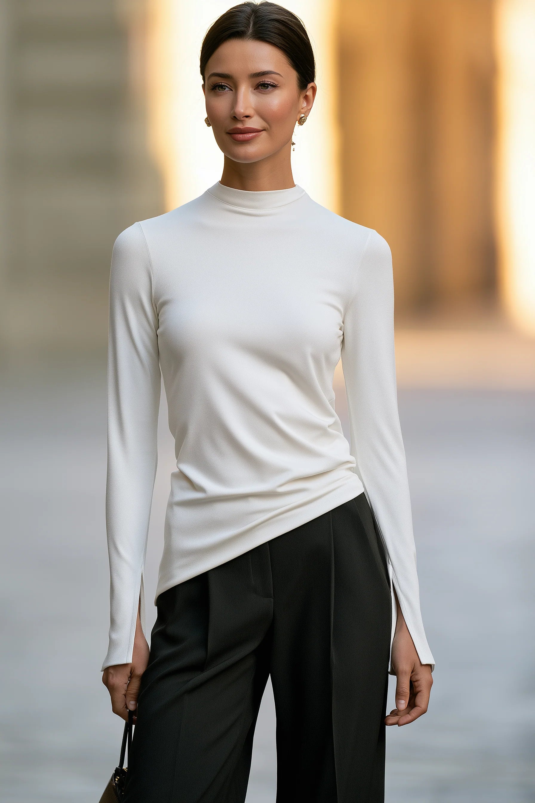 Women's Mock-Neck Asymmetric-Hem Long-Sleeve Top in White – product view | Hensley London