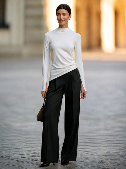 Women's Mock-Neck Asymmetric-Hem Long-Sleeve Top in White – product view | Hensley London