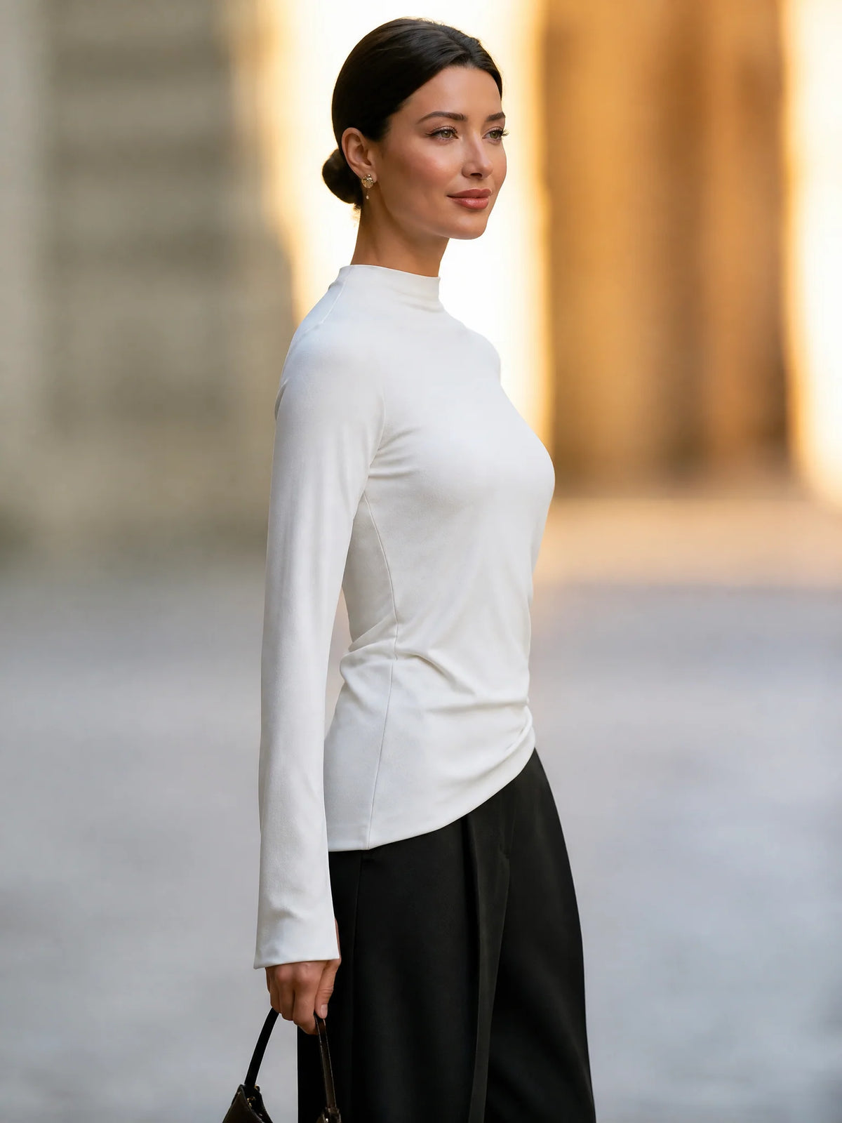 Women's Mock-Neck Asymmetric-Hem Long-Sleeve Top in White – additional view | Hensley London