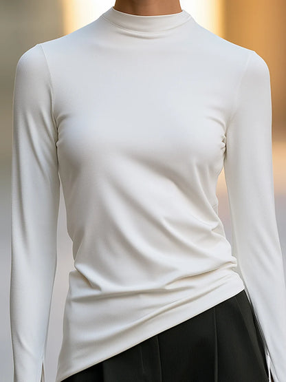 Women's Mock-Neck Asymmetric-Hem Long-Sleeve Top in White – additional view | Hensley London