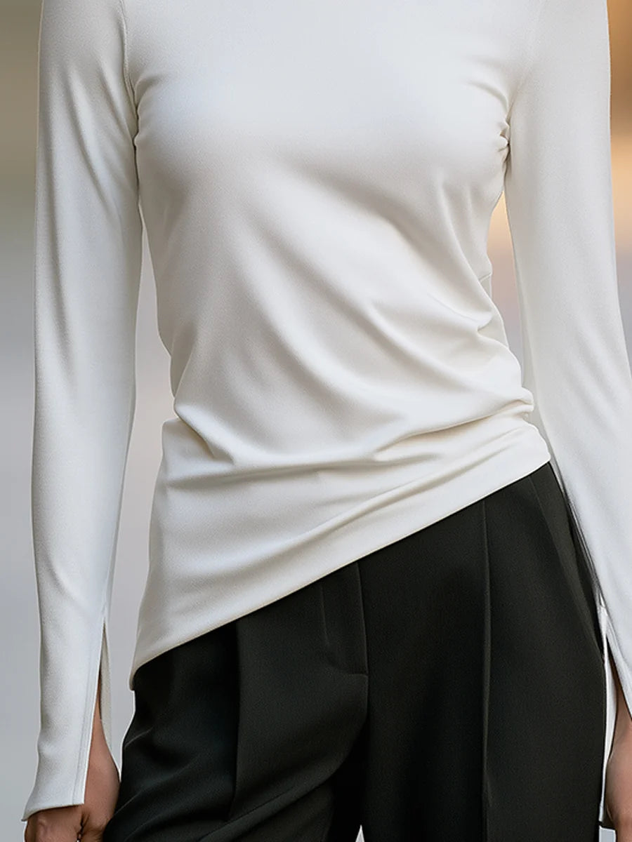 Women's Mock-Neck Asymmetric-Hem Long-Sleeve Top in White – additional view | Hensley London