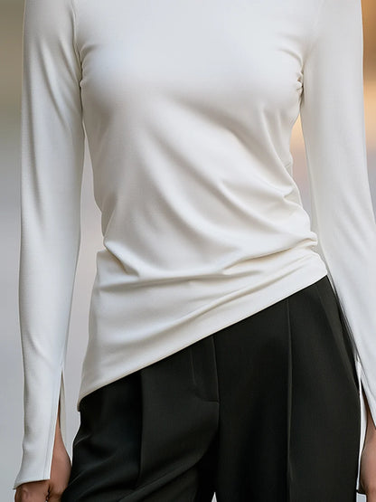 Women's Mock-Neck Asymmetric-Hem Long-Sleeve Top in White – additional view | Hensley London
