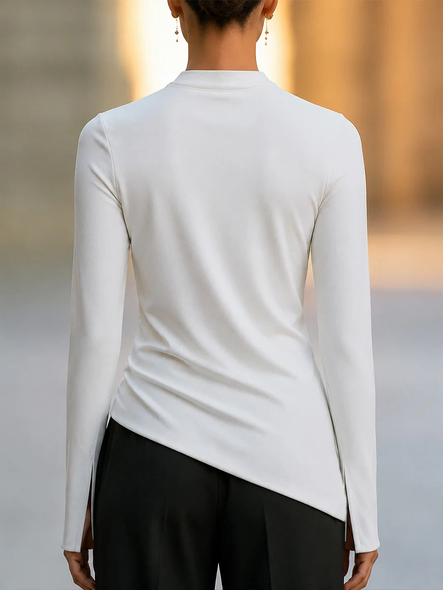 Women's Mock-Neck Asymmetric-Hem Long-Sleeve Top in White – additional view | Hensley London