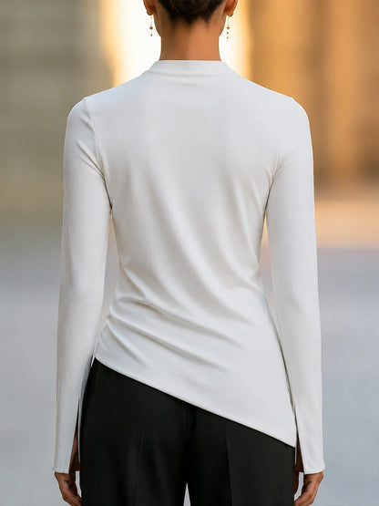 Women's Mock-Neck Asymmetric-Hem Long-Sleeve Top in White – additional view | Hensley London