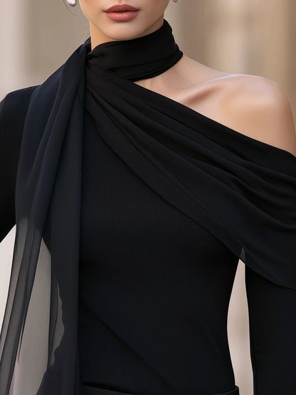Women's Asymmetric Scarf-Draped Long-Sleeve Top in Black – product view | Hensley London