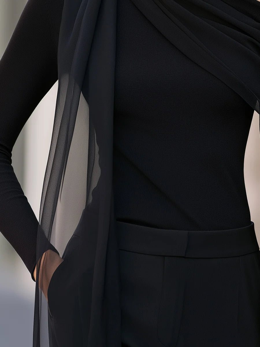 Women's Asymmetric Scarf-Draped Long-Sleeve Top in Black – product view | Hensley London