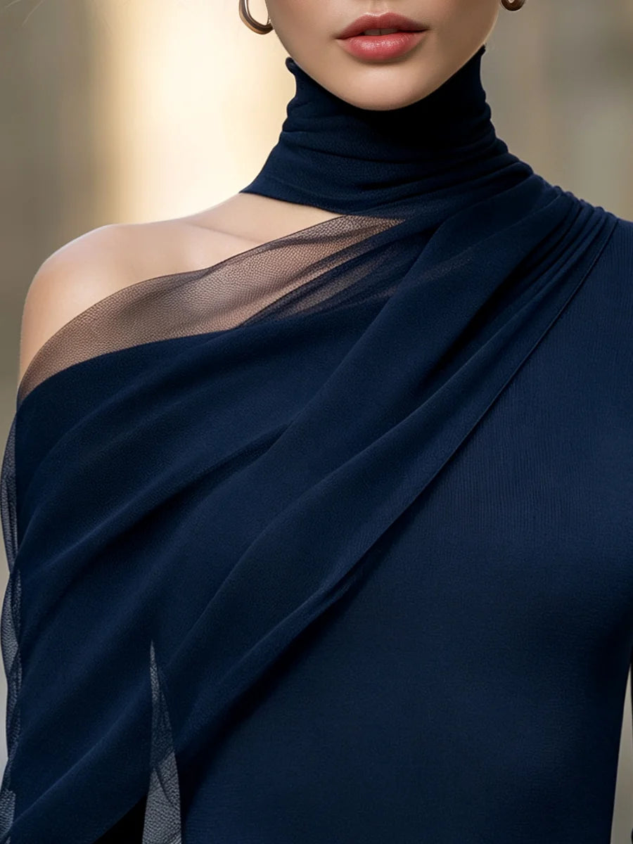 Women's Asymmetric Mesh-Drape High-Neck Top in Navy Blue – product view | Hensley London