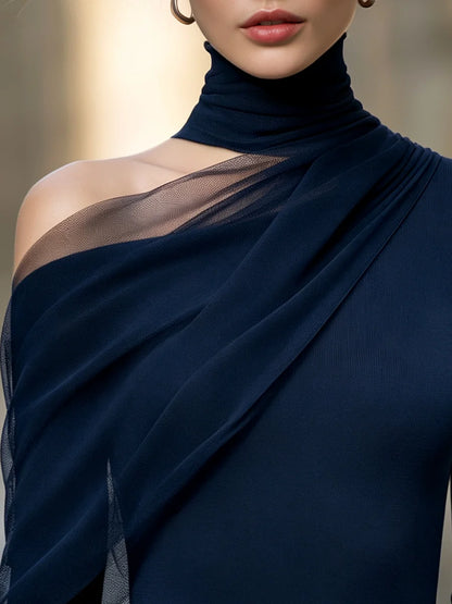 Women's Asymmetric Mesh-Drape High-Neck Top in Navy Blue – product view | Hensley London