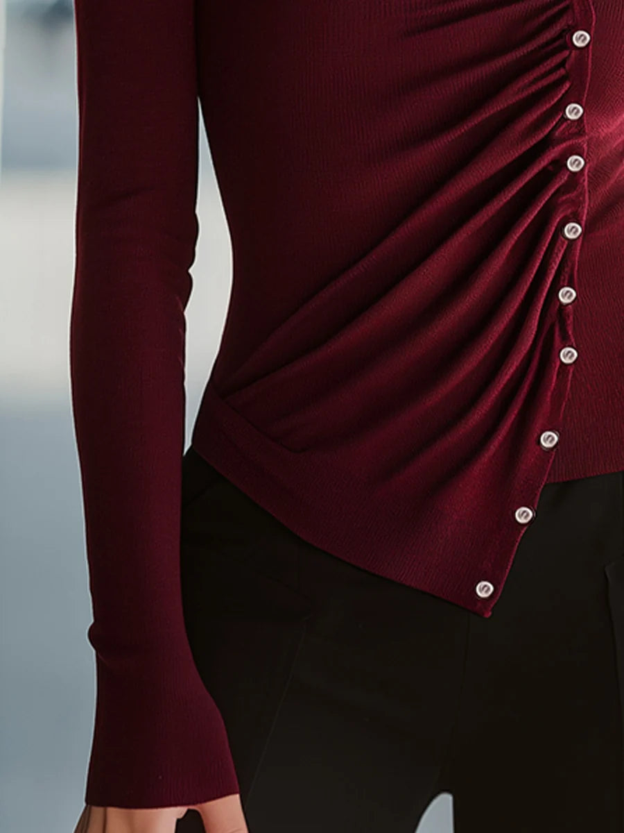 Women's Ruched Mock-Neck Sweater with Button Detail – product view 5