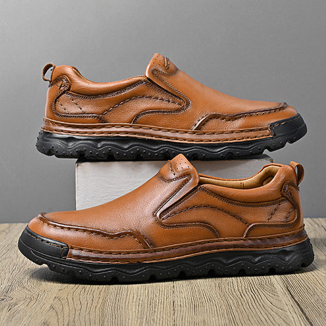Men's Genuine Leather Slip-On Shoes in Brown – angled view | Hensley London