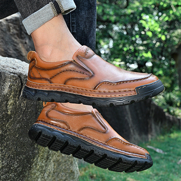 Men's Genuine Leather Slip-On Shoes in Brown – close-up detail | Hensley London