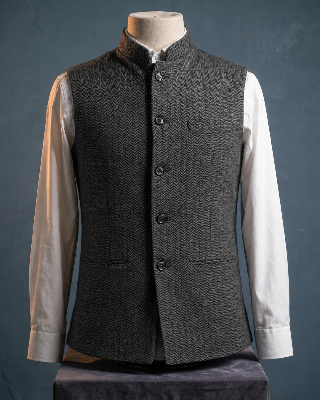 Men's Herringbone Nehru Waistcoat in Light Grey – front view | Hensley London