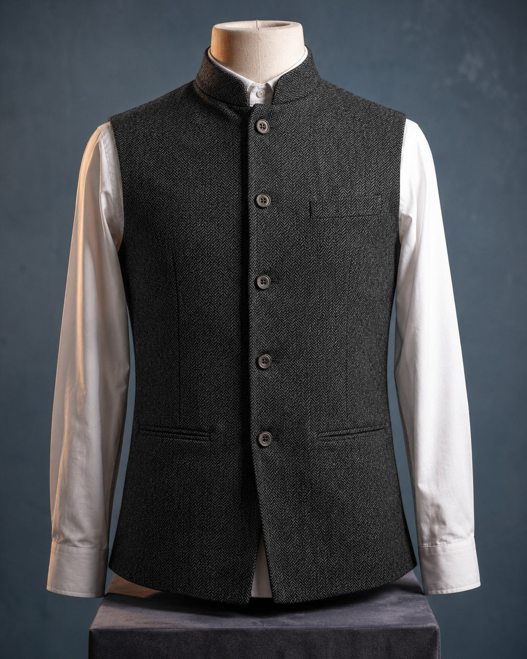 Men's Herringbone Nehru Waistcoat in Dark Grey – front view | Hensley London