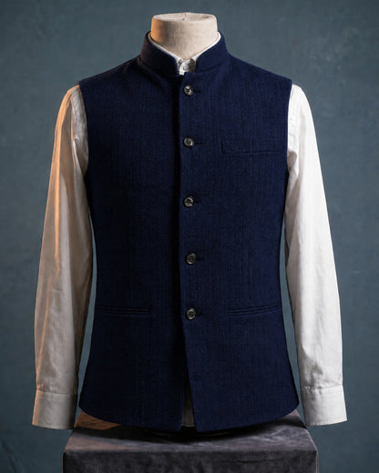 Men's Herringbone Nehru Waistcoat in Navy – front view | Hensley London