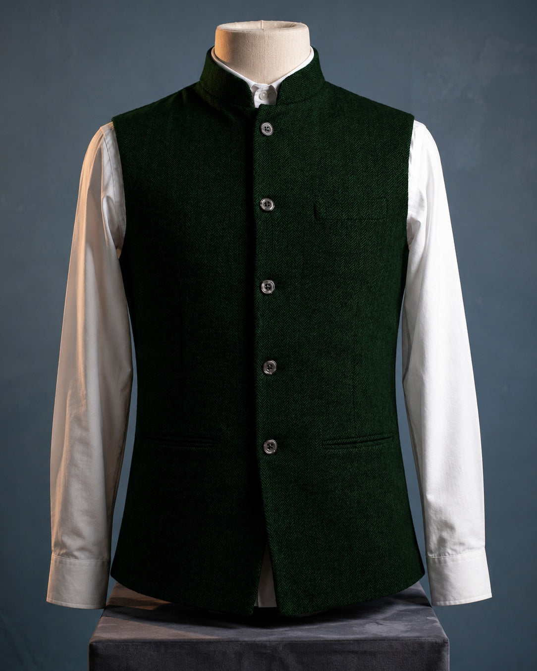 Men's Herringbone Nehru Waistcoat in Dark Green – front view | Hensley London