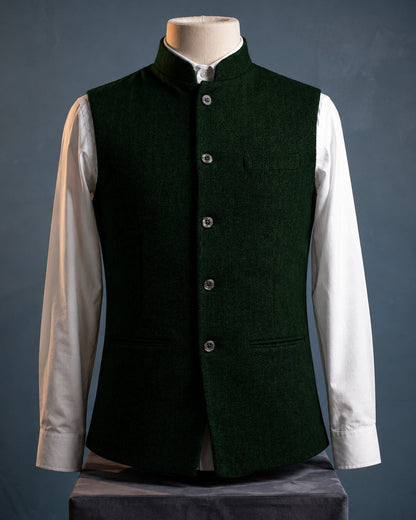 Men's Herringbone Nehru Waistcoat in Dark Green – front view | Hensley London