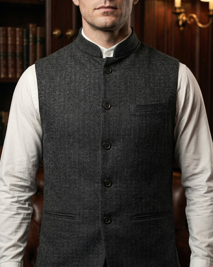 Men's Herringbone Nehru Waistcoat – fabric detail | Hensley London